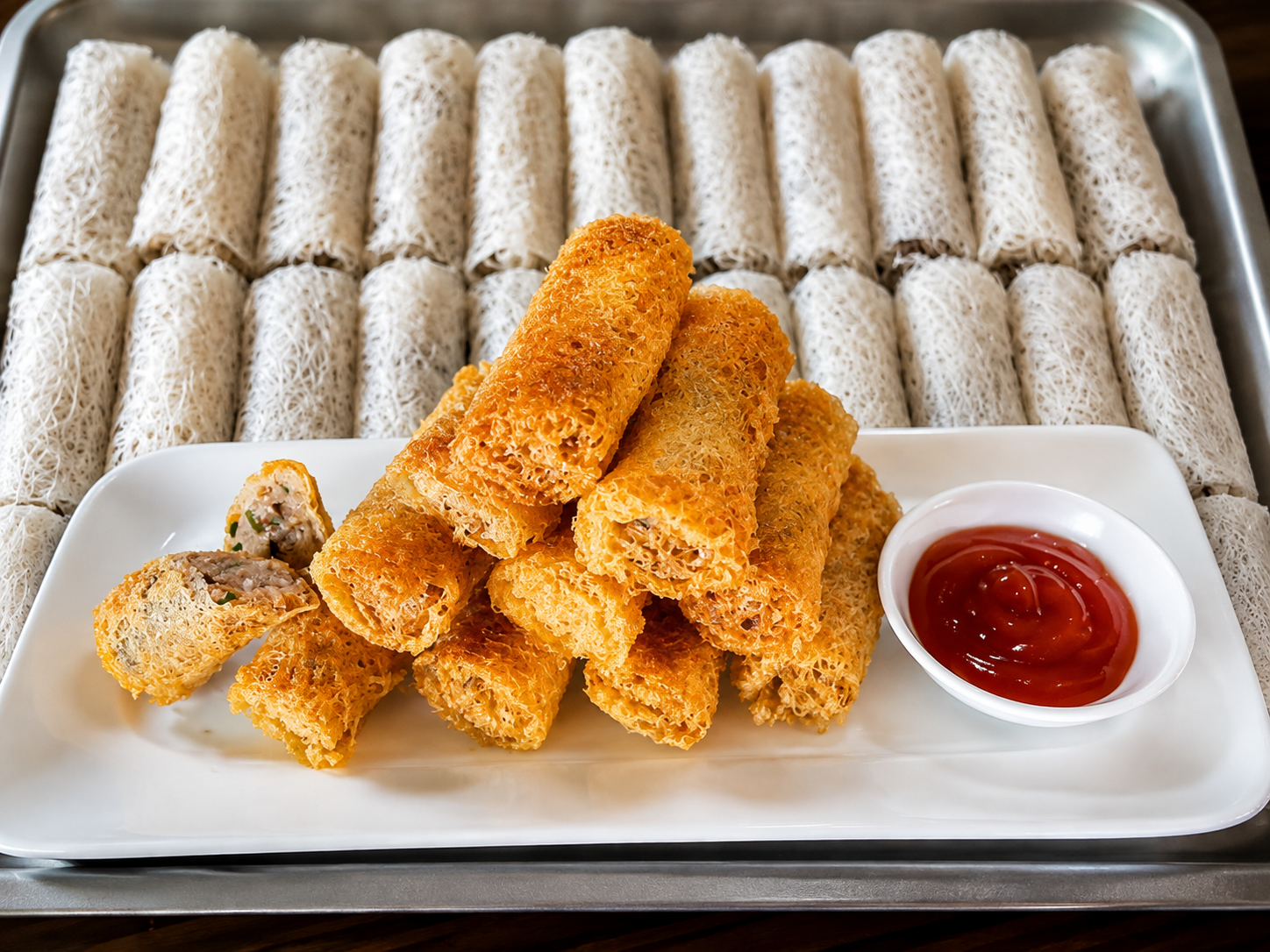 Fried spring rolls made by hand at Tra Que cooking class Hoi An
