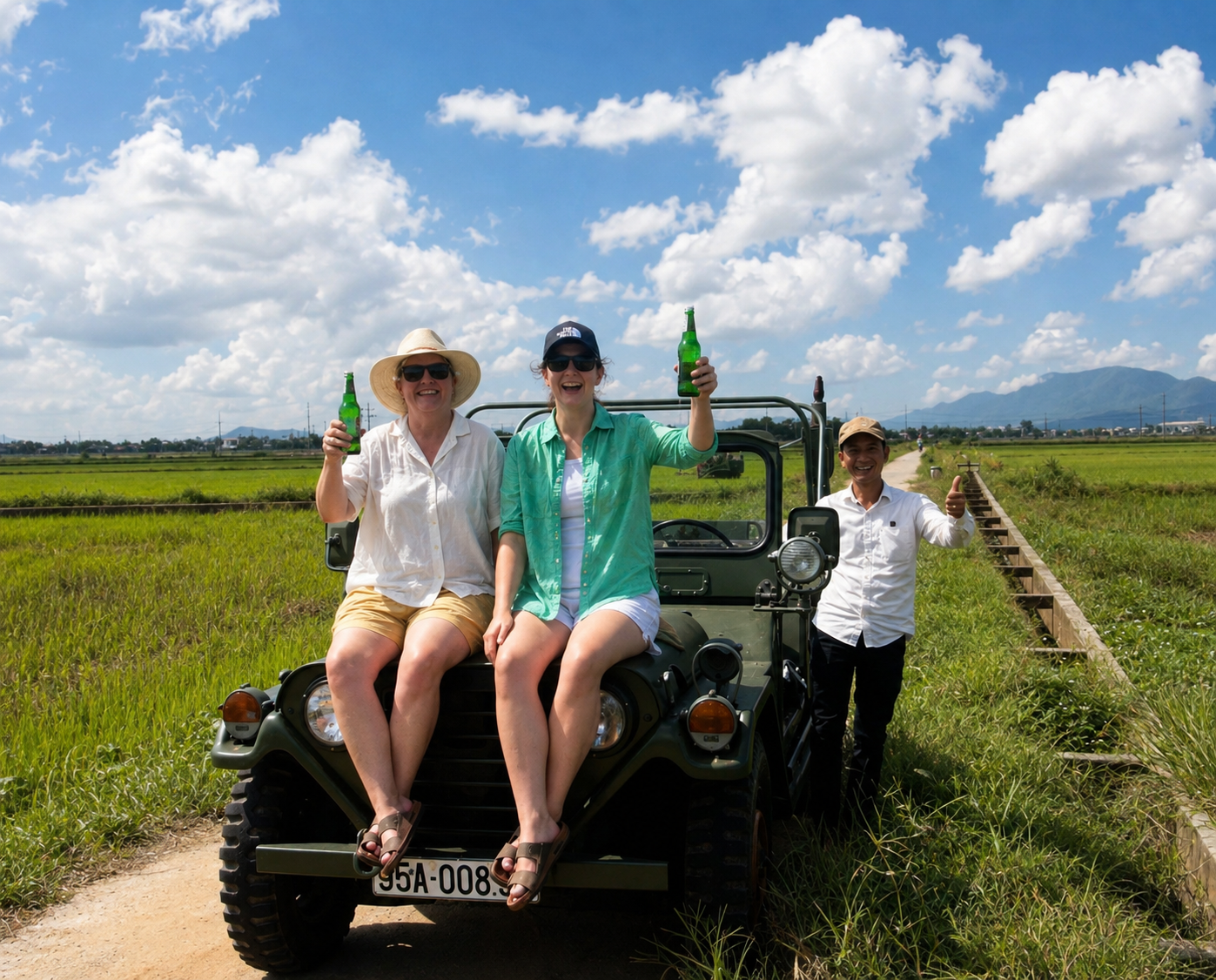 Rice paddy sunset cold beer stop Hoi An Jeep tour