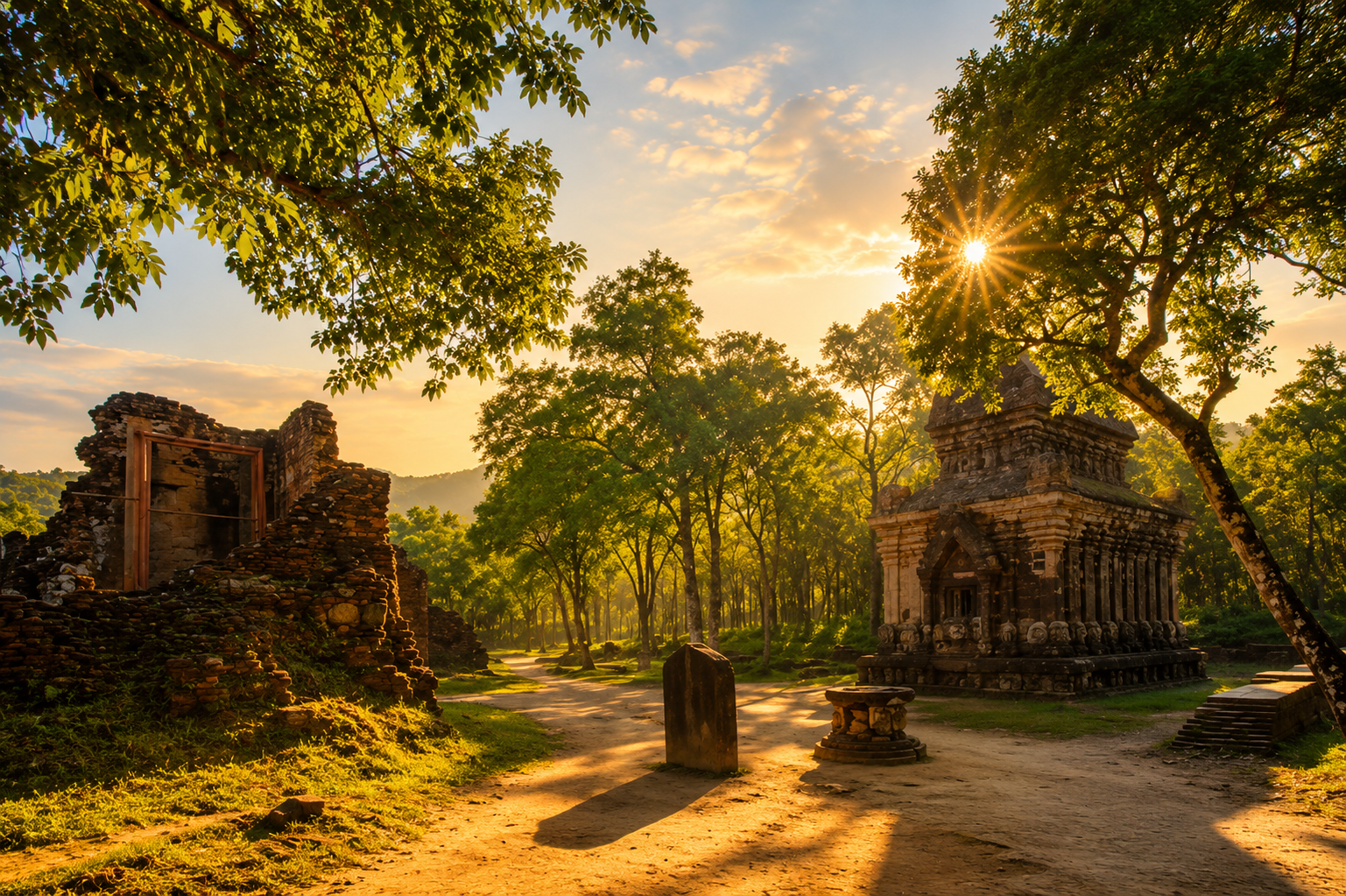 Early morning sunrise view over My Son Sanctuary temples