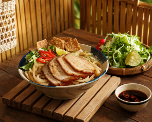 Cao Lau Hoi An noodles with pork, herbs and crispy rice crackers