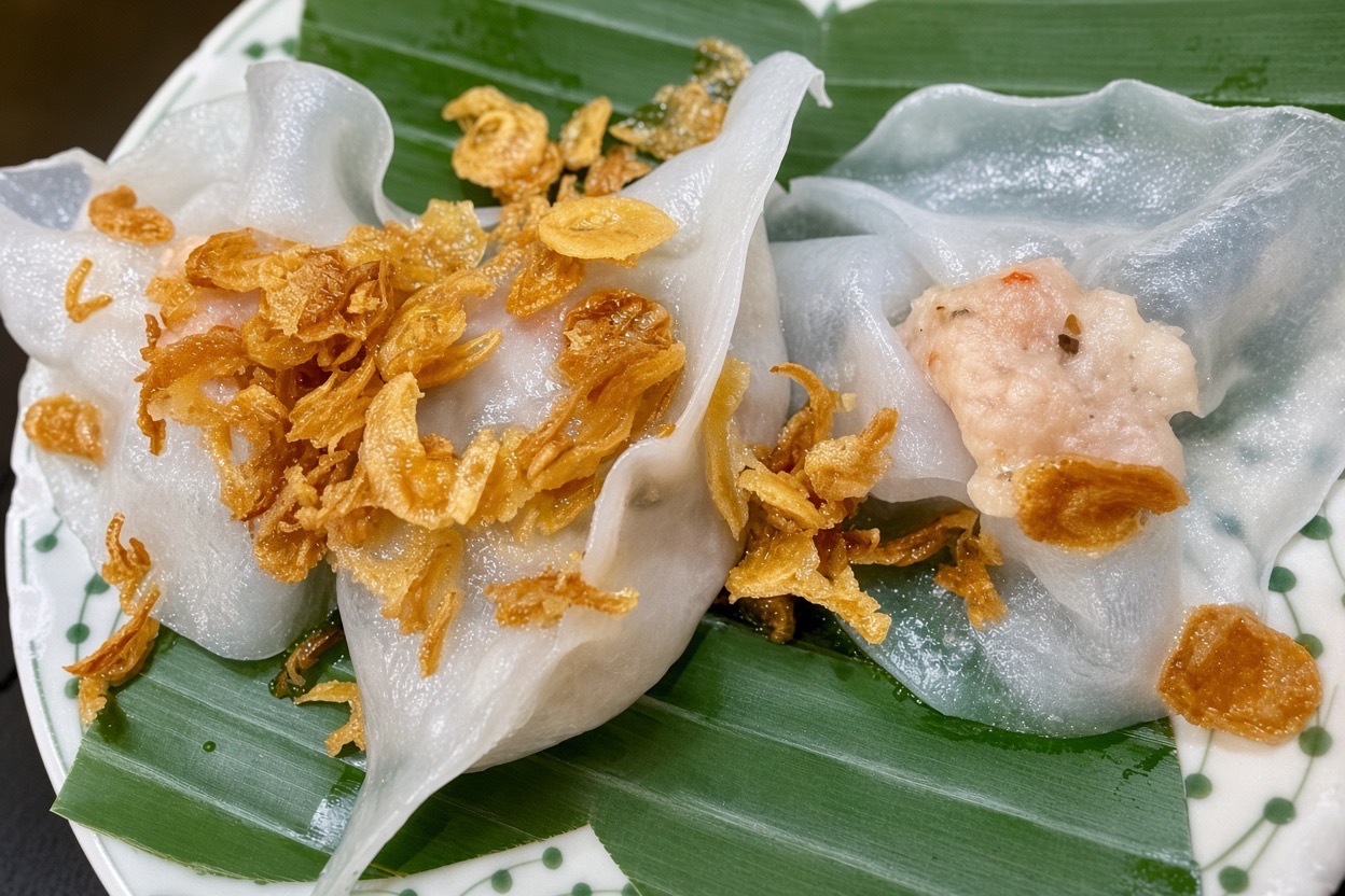 Close-up of traditional White Rose Dumplings in Hoi An