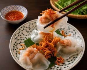 Freshly served White Rose Dumplings (Banh Vac) topped with crispy fried shallots in Hoi An