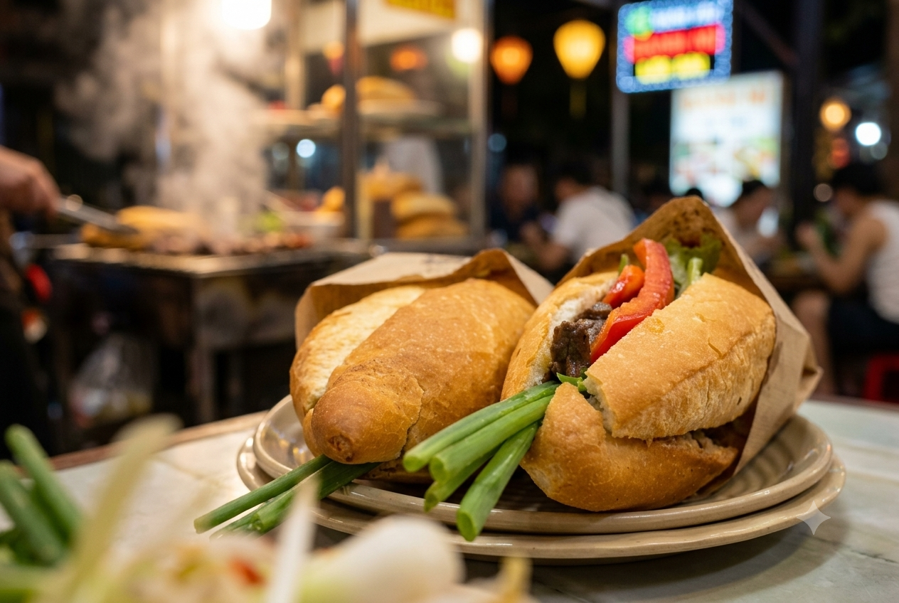 People eating Banh Mi on the street in Hoi An