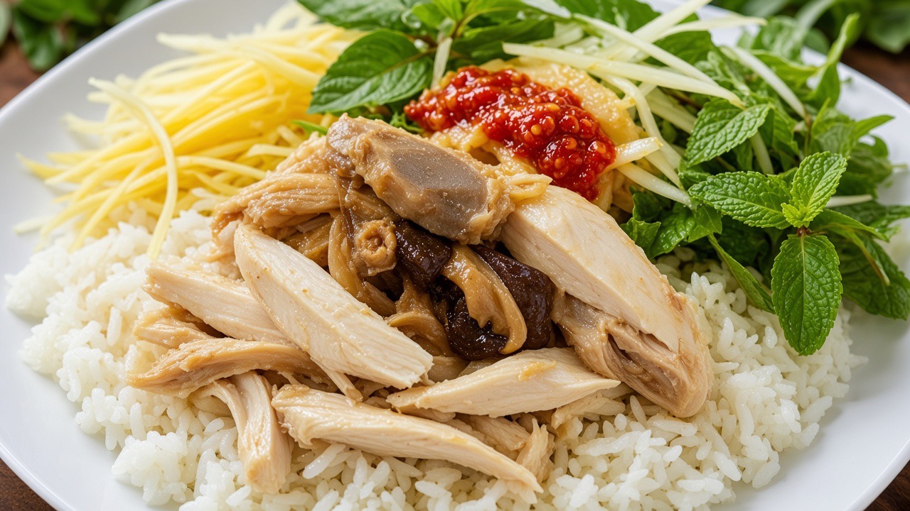 Authentic Hoi An Chicken Rice dish with yellow turmeric rice and shredded chicken
