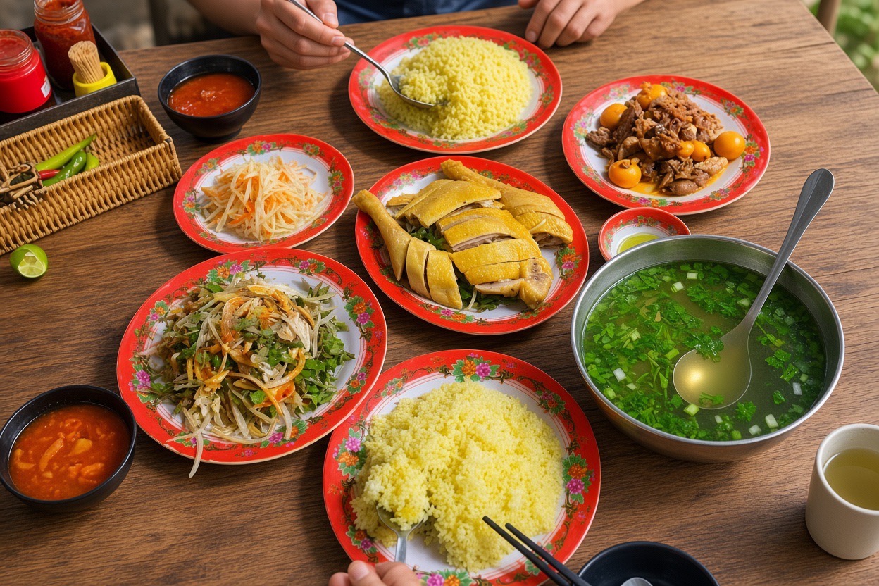 Local Hoi An restaurant serving traditional chicken rice to visitors