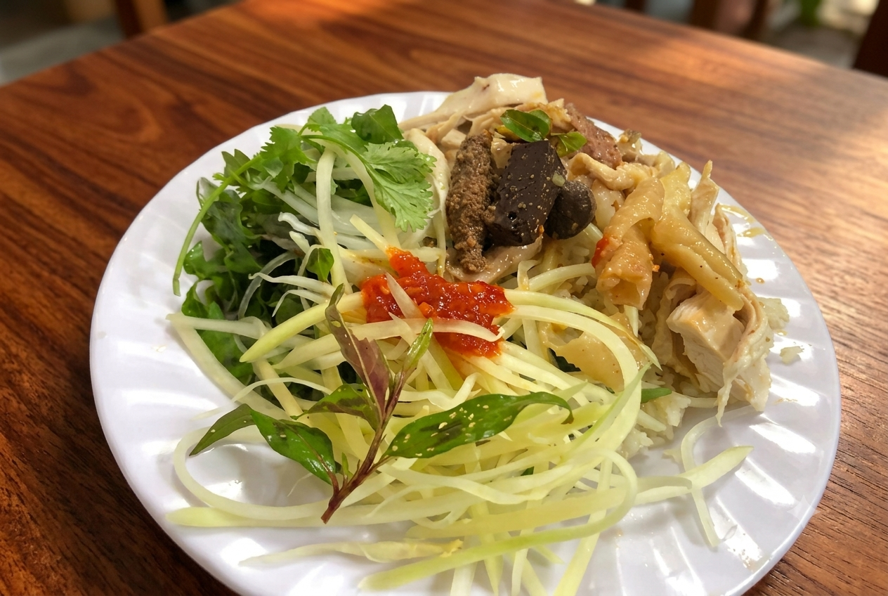 Close up of Com Ga Hoi An ingredients including herbs pickles and turmeric rice