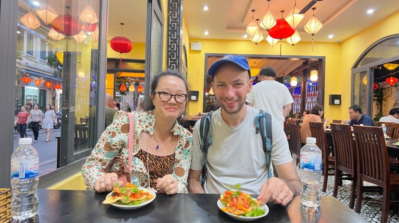 Travelers discovering Hoi An wontons on a local food tour with Billy