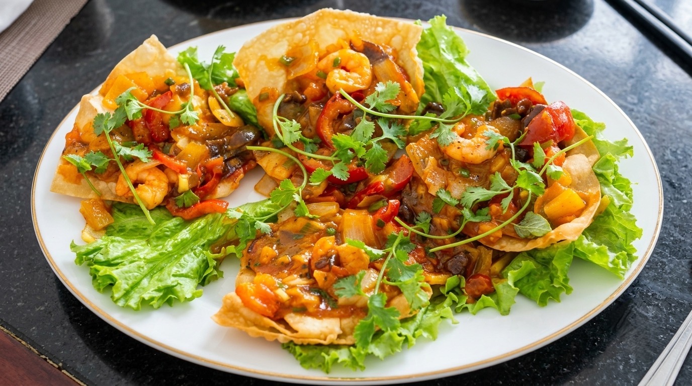 Hoanh Thanh Chien Crispy Fried Wontons with Tomato Salsa Topping
