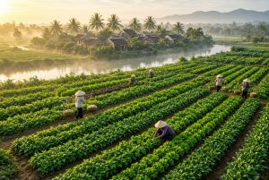 Beautiful panoramic view of Tra Que Vegetable Village near Hoi An, Vietnam, featuring neat rows of vibrant green organic herbs and vegetables, local farmers in traditional conical hats working in the fields under soft golden morning light, with the Co Co River and Tra Que Lagoon in the background, traditional tiled-roof houses, coconut palms, and misty mountains – a peaceful 400-year-old organic farming village recognized as a Best Tourism Village 2024 by UN Tourism.