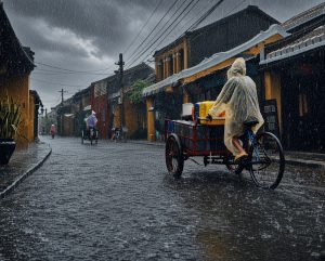 A person in a yellow raincoat riding a cargo tricycle along a rain-soaked street in Hoi An Ancient Town surrounded by yellow historic buildings.