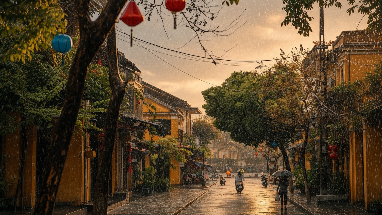 Hoi An Ancient Town street during the rainy season