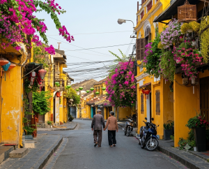 Two elderly people holding hands walking down a quiet yellow street in Hoi An, Vietnam, lined with pink bougainvillea, hanging flower baskets, and traditional lanterns under a clear sky.