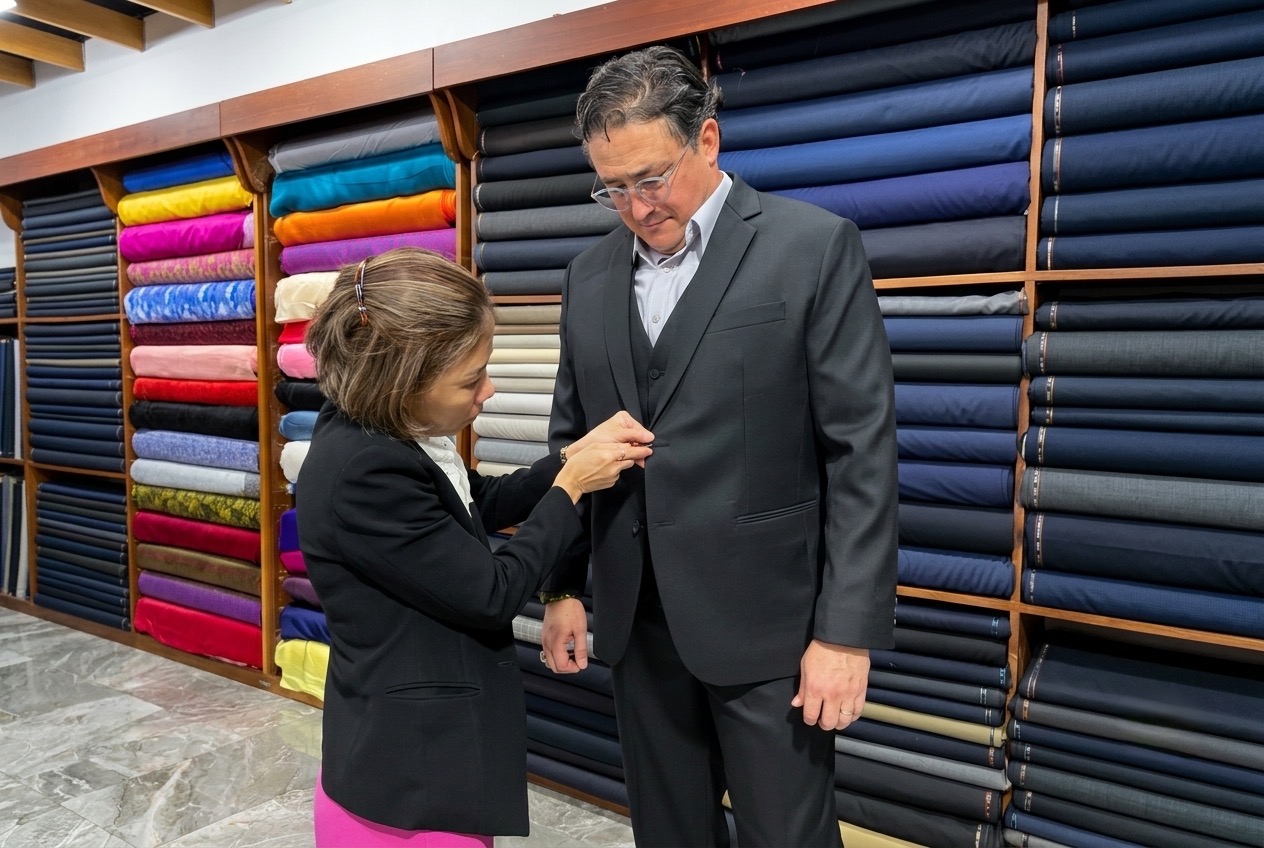 Tailor measuring fabric for custom clothing in Hoi An